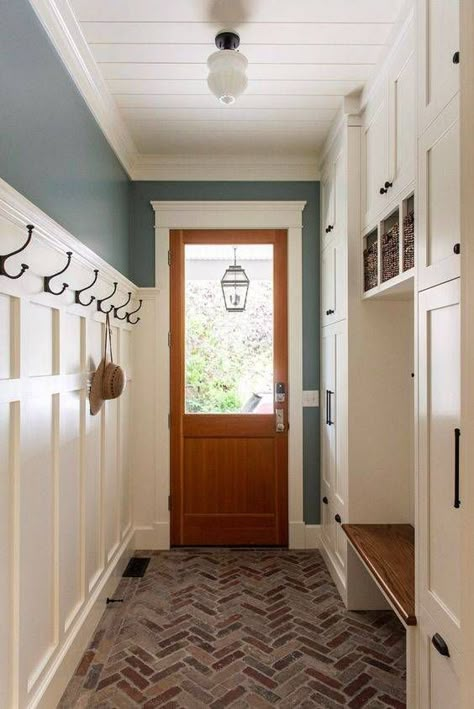 Entry Hall Mudroom, Laundry Room Breezeway Ideas, Mudroom Entry Door, Entrance Mudroom Ideas Entryway, Breezeway Interior Ideas, Side Door Entrance Ideas Interior, Craftsman Mudroom Ideas, Craftsman Style Laundry Room, Home Interior Design Color Palette