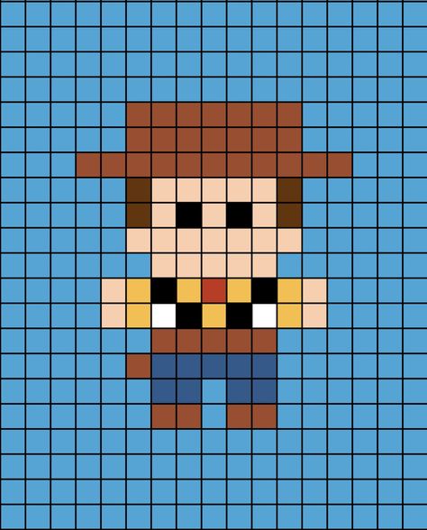 A small pixel art template of Woody the cow-boy from Toy Story. Cool Small Pixel Art, Pixar Perler Beads, Pixar Pixel Art, Tiny Pixel Art Templates, Pixel Art Pattern Minecraft, Pixel Art Cartoon Characters, Easy Pixel Art Disney, Toy Story Perler Beads, Cute Small Pixel Art