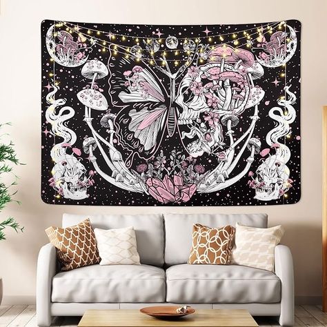 Tapestries Aesthetic, Aesthetic Moth, Pink Trippy, Gothic Tapestry, Skull Tapestry, Trippy Tapestry, Fiber Wall Hanging, Aesthetic Bedroom Decor, Star Tapestry