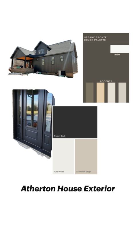 Stucco and Hardie Plank painted Urban Bronze or match the dark brown of gutters.   Front door and back door painted Iron Ore. Urban Bronze Exterior, Urban Bronze Exterior House, Iron Ore Doors, Urban Bronze, Hardie Plank, Iron Ore, Back Door, Exterior House, Back Doors