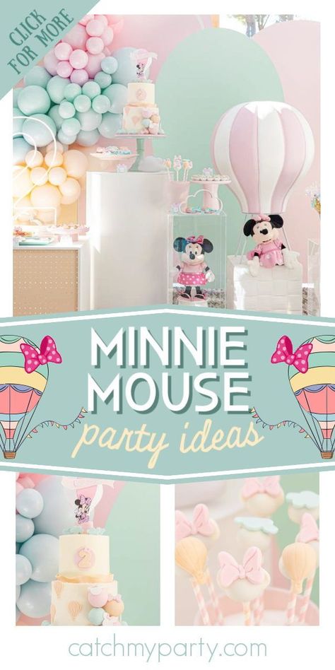 Don't miss this gorgeous Minnie Mouse hot air balloon birthday party! The cake is so pretty! See more party ideas and share yours at CatchMyParty.com Hot Air Ballon Party, Hot Balloon, Minnie Mouse Birthday Theme, Minnie Mouse Birthday Party Ideas, Diy Hot Air Balloons, Minnie Mouse Balloons, Minnie Mouse Birthday Party Decorations, Birthday Minnie Mouse, Mickey Theme