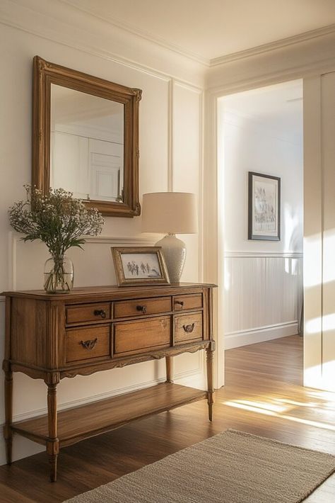 Entryway Nostalgia sets a welcoming tone with a vintage console and modern mirror, mixing textures to create a memorable first impression. This vintage modern decor style is perfect for blending charm with simplicity. Click here for entryway tips. Modern With Traditional Decor, Vintage Modern Entryway Table, Vintage Mirror Entryway, Vintage Inspired Entryway, Minimal Antique Decor, How To Style Antique Furniture, Antiques Mixed With Modern, Vintage Console Table Decor, Antique With Modern Decor Interiors