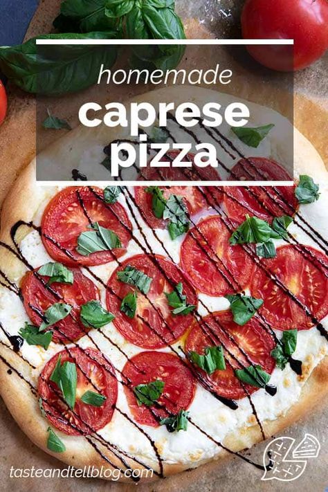 The perfect harmony of flavors, this Caprese Pizza features ripe tomatoes, creamy mozzarella, and fresh basil. Top it off with balsamic glaze to really take it over the top! Pizza With Balsamic Glaze, Caprese Pizza, Tomato Pizza, Taste And Tell, Making Pizza, Paul Hollywood, Homemade Pizza Dough, Lemon Pasta, Pizza Recipes Homemade