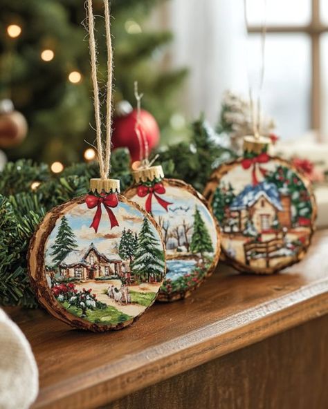 Lady crafts over some round wood slices, makes the best Christmas decor Wood Slice Christmas Decorations, Wood Circle Crafts, Recycle Fabric Scraps, Wood Slice Decor, Wood Slice Christmas, Holiday Table Centerpieces, Old Glass Bottles, Circle Crafts, Homemade Ornaments