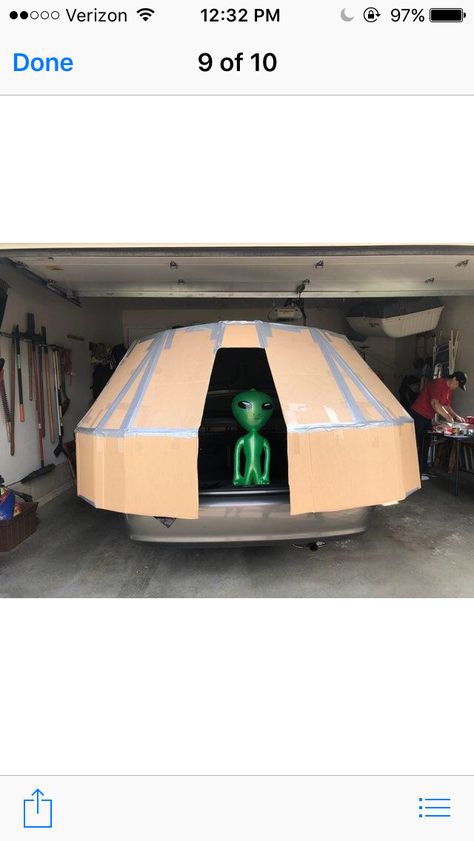 Men In Black Trunk Or Treat, Scary Alien Halloween Decorations, Alien Trunk Or Treat Ideas For Cars, Spaceship Trunk Or Treat, Trunk Or Treat Space Theme, Ufo Trunk Or Treat, Space Themed Trunk Or Treat, Diy Alien Spaceship, Alien Trunk Or Treat Ideas