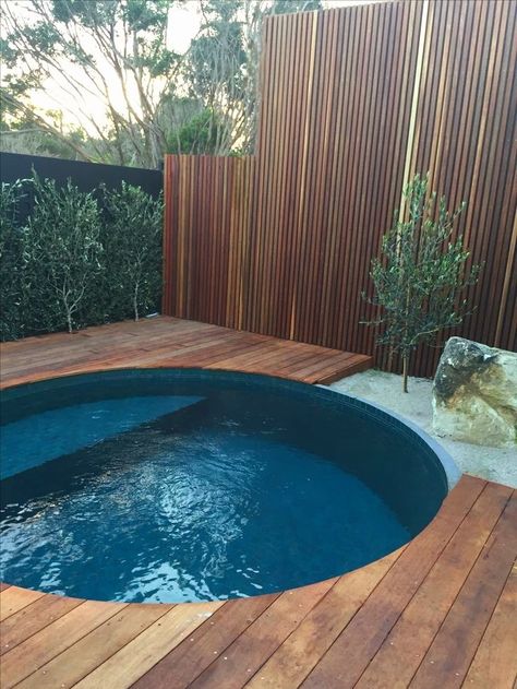 Round Plunge Pool Australia, Round Pool With Deck, Plunge Pool Round, Plungie Original Pool Round, Plunge Pool Deck Ideas, Plunge Pool In Deck, Round Plunge Pool Ideas, Round Pool Landscaping, Small Plunge Pools For Small Yards