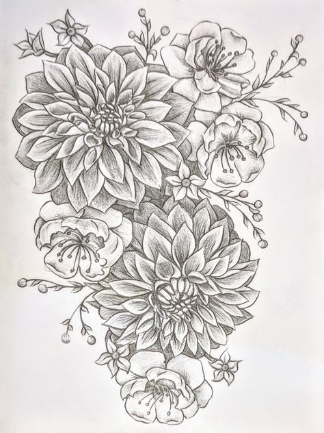 Dahlia Back Tattoo, Dahlia Flower Tattoo Sleeve, Dahlia And Rose Tattoo, Purple Dahlia Tattoo, Dahlia Hip Tattoo, Dahlia Tattoo Sleeve, Dahlia Flower Tattoo Designs, Dahlia Bouquet Tattoo, Dahlia Tattoo Shoulder