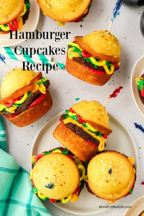 Hamburger Cupcakes Recipe | Easy How to Make Directions. These cupcakes that look like hamburgers are absolutely adorable and surprisingly easy to make. Soft, pillowy, golden cupcakes, baked to perfection, filled with brownies, coconut, fresh strawberries and frosting. These hamburger cupcakes are a perfect addition for any get-together. Golden Cupcakes, Brownies Coconut, Hamburger Cupcakes, Hamburger Cake, Betty Crocker Cake Mix, Fruit And Chocolate, How To Make Hamburgers, Betty Crocker Cake, Easy Hamburger