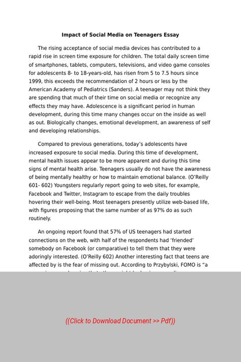 Sample Essay on Impact of Social Media on Teenagers Essay,
Subject: Sociology, Essay Type: None, Word Count: 1500 | Visit our site to get full access to the essay document, or to Order a similar essay, plagiarism-free. Follow the link above. Impact Of Social Media, Word Count, Sample Essay, A Soldier, Sociology, Screen Time, Essay Writing, Pediatrics, Soldier