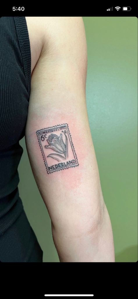 #dutch #tattoo #tattooinspo #stamp #stampart #stamptattoo #fineline Dutch Art Tattoo, Dutch Tattoos Women, Dutch Stamp Tattoo, Dutch Words Tattoo, Dutch Clogs Tattoo, Dutch Shoes Tattoo, German Stamp Tattoo, Traditional Dutch Tattoo, Amsterdam Stamp Tattoo