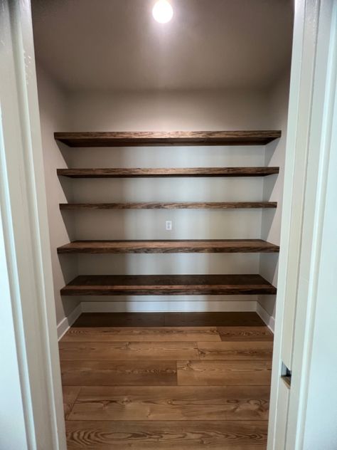 Stained Closet Shelves, Wrap Around Pantry Shelves, Floating Shelf Pantry, Wooden Shelfs, Pantry Wood Shelves, Pantry Stained Shelves, Pantry With Wooden Shelves, Pantry Floating Shelves, Wood For Pantry Shelves