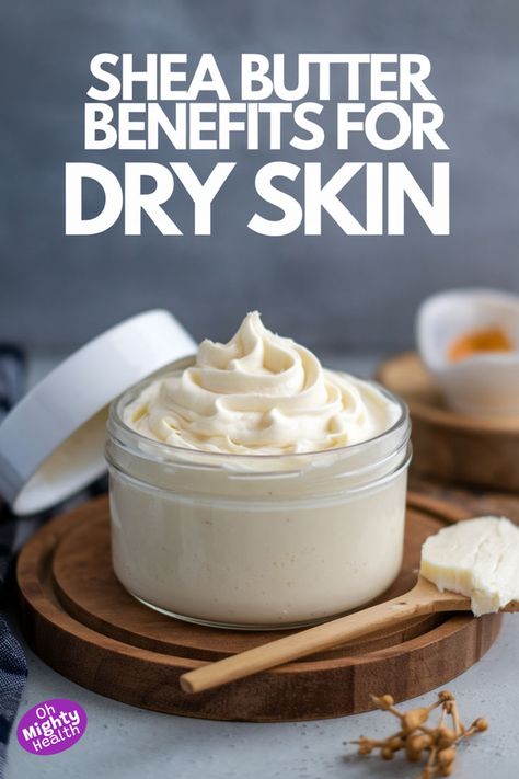 Whipped shea butter in glass jar on wooden board with bamboo spoon and dried botanicals, styled for natural skincare photography with white text overlay about dry skin benefits on dark background Winter Body Butter, Diy Whipped Body Butter, Shea Butter Benefits, Natural Skin Moisturizer, Homemade Moisturizer, Diy Body Butter, Unrefined Shea Butter, Lip Hair, Winter Skin