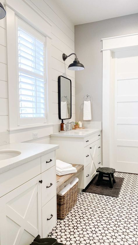 houseofmurphy on Instagram: Let’s take a closer look at my boys Jack and Jill bathroom! Candle: @antiquecandleco_ lemon eucalyptus Wall color: @benjaminmoore Smoke… Jack And Jill Bathroom Ideas Layout, Megan Murphy, Jack N Jill Bathroom Ideas, Jack And Jill Bathroom, Design A Space, Boys Bathroom, Jack And Jill, Home Styling, Bathroom Items