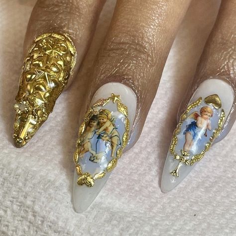 Angle Nails Design, Roman Nail Art, Cherub Angel Nails, Cherub Nail Art, Angel Nails Acrylic, Baroque Nail Art, Angelcore Nails, Angel Nails Designs, Xg Nails