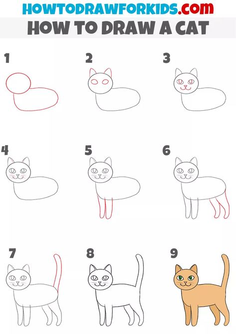 Easy Cat Drawing Ideas, Easy Way To Draw A Cat, Drawing A Cat Easy, Cat Drawings Step By Step, Drawing Cats Cartoon, Draw Cats Easy, How To Draw Cats Easy, Simple Cat Drawing Cute, Drawing Cats Tutorial