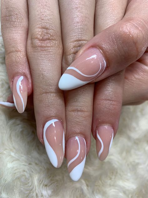 Swirl Nails And French Tip, Squiqqle Line Nails, Swoop Nail Designs, Almond Acrylic Nails Swirl Design, French Tip Twist Nails, Deep Smile Line Nails French Almond, Wiggle Nail Art, Nails With Swirl Designs, Almond Nails Designs Graduation