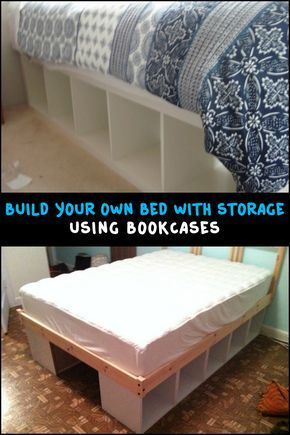 Using bookcases as a bed frame is one easy way to build a bed with storage! Is this going to be your next DIY project? Platform Bed Diy, Bedframe Diy, Diy Bed Frame Easy, Kids Platform Bed, Diy Storage Bed, Murphy Bed Ikea, Diy Platform Bed, Bookcase Diy, Built In Bed