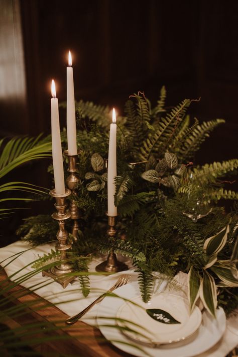 October Greenery Wedding, Ferns Table Decor, Green Taper Candles Wedding, Wedding Table Greenery And Candles, Live Plants Wedding Decor, Forest Green Table Setting, Fern Tablescape, Ferns Wedding Decor, Fern Table Decor