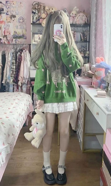 Kawaii Pastel Aesthetic Outfits, Green Outfits Aesthetic, Fantasy Cosplays, Cute Pastel Outfits, Kawaii Pastel Aesthetic, Kawaii Green, Kawaii Outfit Ideas, Green Outfits, Harajuku Outfits