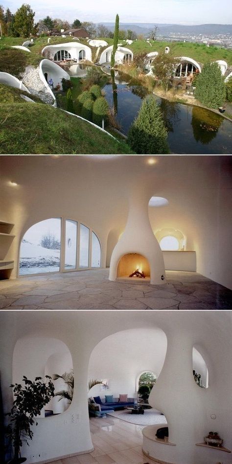 Modern Cob House Interiors, Hobbit House Architecture, Earth Building Architecture, Real Life Hobbit House, Earth Ship Homes Exterior, Earth Ship House, Cob Mansion, Modern Hobbit House, Earth House Design