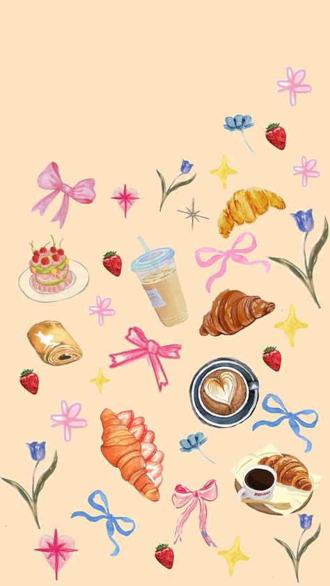 🎀🌼🥐 #croissant #food #spring #springaesthetic #wallpaper Baking Phone Wallpaper, Girly Spring Wallpaper Iphone, Spring Aesthetic Wallpapers, Croissant Wallpaper, Spring Background Aesthetic, Pastry Wallpaper, Dinner Wallpaper, Cute Spring Wallpapers, Breakfast Wallpaper