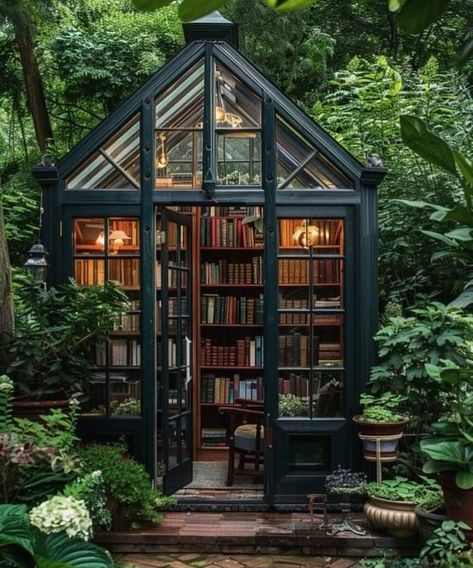 Greenhouse Library, Greenhouse Attached To House, Glass Green House, Cozy Home Library, Victorian Greenhouse, Outdoor Greenhouse, Backyard Buildings, Home Greenhouse, Small Cottages