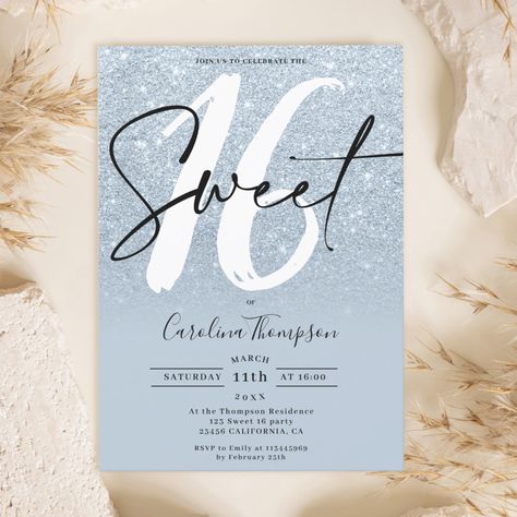 Blue glitter border script photo Sweet 16 Invitation Light Blue White And Silver Sweet 16, Sweet 16 Party Invitations Ideas, Sweet 16 Party Ideas Blue, Sweet 16 Blue Theme, Sweet 16 Invitation Ideas, Light Blue Sweet 16, Sweet16 Ideas, Sweet 16 Venues, Blue Sweet Sixteen