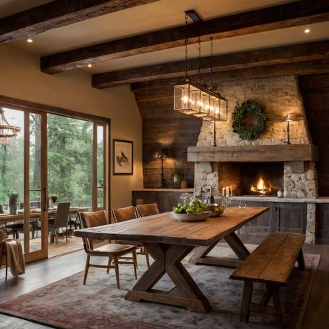 A rustic farmhouse dining room with a reclaimed wood dining table, vintage chandeliers, and exposed wooden beams, offering a warm and inviting setting. #DiningRoom #FarmhouseStyle #ReclaimedWood #VintageChandeliers #ExposedBeams Kitchen Dining Room Ideas Open Plan, Brick Floor Dining Room, Barndominium Dining Room, Southern Dining Room Ideas, Dining Table Next To Kitchen, Dinning Room With Fireplace, Ranch Style Dining Room, Rustic Lodge Dining Room, Wooden Dining Table With Bench