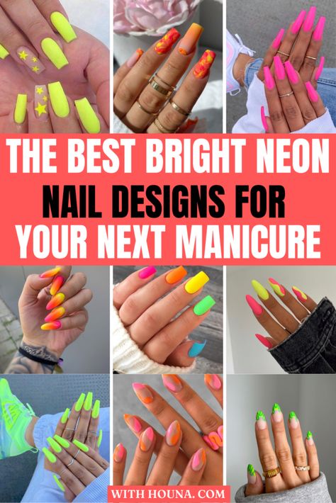 Fruit Punch Nails, Neon Color Acrylic Nails, Orange Neon Nails Design, Short Square Neon Nails, Neon Pink Yellow Nails, Pink And Yellow Neon Nails, Hot Pink And Neon Orange Nails, Neon Manicure Ideas, Neon Nail Ideas Summer 2023