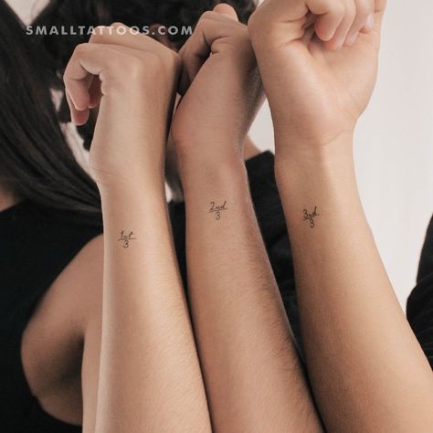 Three Sister Matching Tattoos, Tattoos With Sister Ideas, Mini Sibling Tattoos, Small Tattoos For 3 Siblings, Family Of 6 Tattoo Ideas, Trio Tattoo Ideas Family Matching, 3 Friends Tattoo Ideas, Tattoo Sisters For 3 Matching, Small Tattoos For Siblings