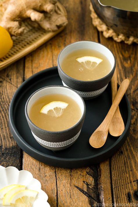 ip your way to a healthy start with a warming cup of shōgayu, Japanese ginger tea! Not only it is a potent cold and flu remedy, but ginger tea also boosts a myriad of health benefits. Learn how to make a simple cup at home and enjoy it all winter long. #gingertea #shogayu #ginger | Easy Japanese Recipes at JustOneCookbook.com Japanese Ginger, Ginger Honey Lemon, Ginger Tea Recipe, Tea Etiquette, Cupping At Home, Easy Japanese Recipes, Sour Soup, Ginger Tea, Ginger And Honey