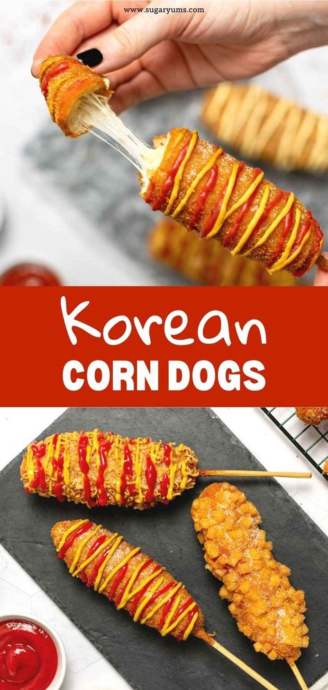 Cheesy Korean corn dogs with cheese middle and different toppings Korean Hot Dog Recipe, Korean Corn Dog Recipe, Korean Potatoes, Homemade Corndogs, Korean Corn, Ramen Toppings, Easy Korean Recipes, Corndog Recipe, Potato Noodles