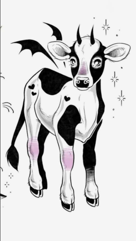 Cute Creepy Tattoos, Cow Tattoo Ideas, Cute Cow Drawing, Bat Cow, Cow Drawings, Cow Tattoo, Tier Tattoo, Cow Drawing, Pastel Goth Art