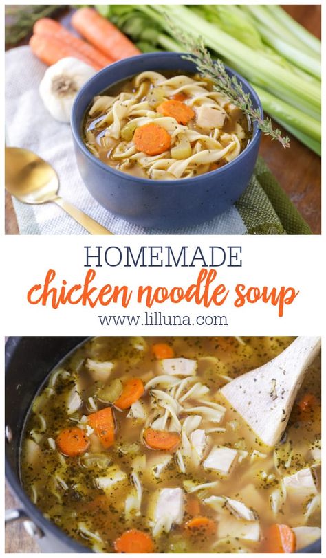 Talk about the ultimate comfort food. This Homemade Chicken Noodle Soup is one of the easiest, tastiest recipes - tastes like home! #chickennoodlesoup #soup #souprecipe #chicken Chicken Noodle Soup Recipe Homemade, Best Chicken Noodle Soup, Chicken Noodle Soup Recipe, Chicken Noodle Soup Easy, Homemade Chicken Noodle, Noodle Soup Recipe, Ham And Bean Soup, Homemade Noodles, Chicken Noodle Soup Homemade