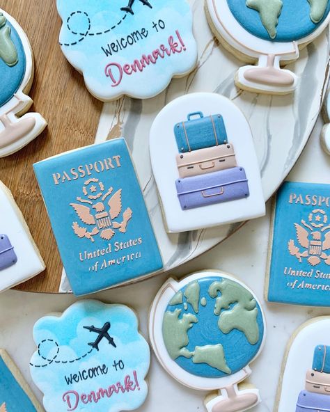 Road Trip Cookies, Traveling From Miss To Mrs Cookies, Globe Cookies Decorated, Bon Voyage Cookies, Travel Cookies Decorated, Travel Themed Cookies, Moving Cookies, Adventure Cookies, Vacation Cookies