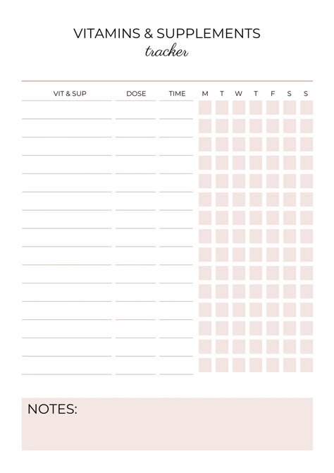 Soft Pink Minimalist Vitamins Supplements Weekly Tracker - Templates by Canva Simple Graphic Design, Weekly Tracker, Life Planner Organization, Pink Minimalist, Wellness Tracker, Bullet Journal Banner, Moon Journal, Planner Sheets, Daily Planner Pages