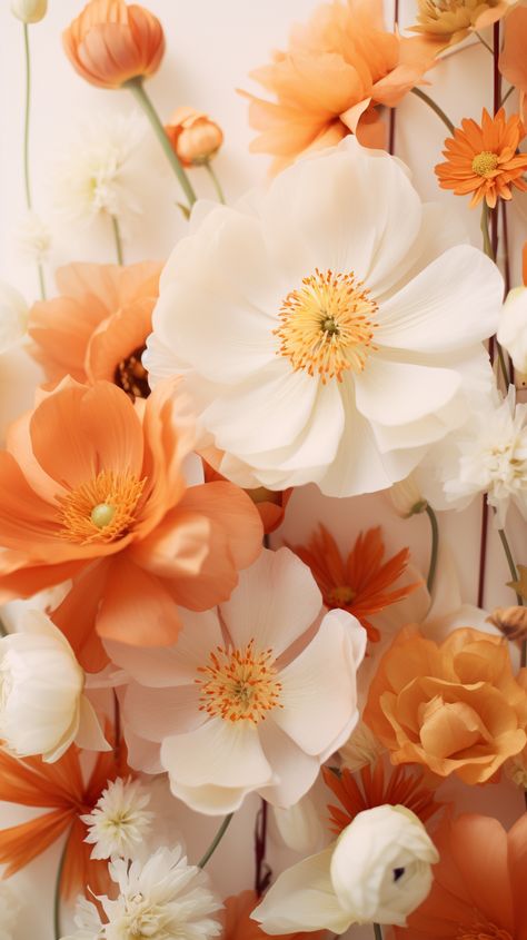 The image displays a beautiful assortment of flowers composed in a visually appealing manner. Predominant colors are shades of white and orange, creating a warm and inviting palette. In the foreground, a large white flower with delicate, translucent petals and a detailed yellow-orange center commands attention, serving as a striking focal point among the surrounding blossoms. This flower, possibly a kind of poppy or peony, is complemented by various blooms in softer whites and vibrant oranges, White And Orange Aesthetic, Orange Flower Background, Orange Flowers Aesthetic, Bloom Background, Orange White Flowers, White And Orange Flowers, Boho Event, Orange Peonies, Orange And White Flowers