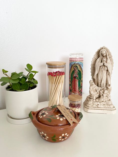 Guadalupe Altar, Mexican Candles, Modern Mexican Decor, Mexican Aesthetic, Modern Mexican Home, Mexican Interior Design, Home Altar Catholic, Spanish Home Decor, Catholic Decor