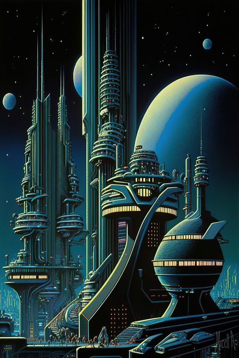 Retro Scifi Fantasy Art, Futurism Art Painting, 80s Sci Fi Art, Retro Futuristic City, Retro Scifi Art, Futuristic Society, Futuristic City Utopia, Scifi City, Retro Scifi