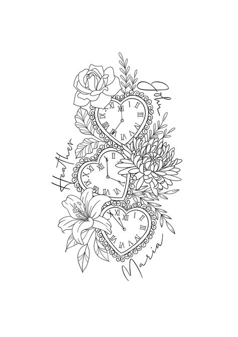 Please note there's No physical item will be shipped. This listing is DIGITAL download only!  Custom Birth Flower Bouquet is a great Gift idea. As well as a Tattoo design you could use locally for your tattoo appointment.  Your custom drawing will consist of flowers for each member of your family, I draw all alternative flowers, such a Violet or Iris for February, Aster or Morning glory for September, Poppy or Gladiolus for August, Narcissus or Poinsettia for December etc. As well I could add an 3 Birth Flower Tattoo, Family Shoulder Tattoos For Women, Birth Flower Tattoos Ideas Families With Names, Birth Flower Tattoos Sleeve, Clock With Flowers Tattoo Design, Clock Tattoo For Kids Births, Birth Flower Sleeve Tattoos For Women, Flower Outline Tattoo Sleeve, Flower And Clock Tattoo For Women