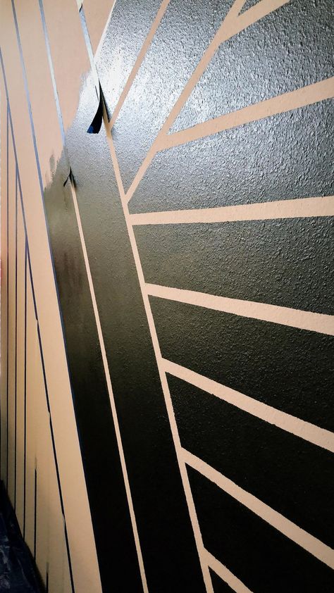 Geometric Tape Wall, Abstract Accent Wall Paint, Tape Painting Wall, Painters Tape Design Wall, Stripes Wall Paint, Black And White Geometric Wall, Painted Stripes On Wall, Painters Tape Wall, White Geometric Wall