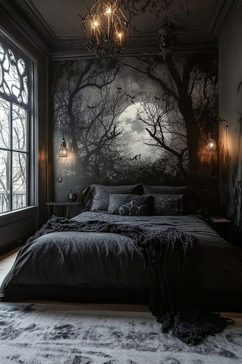 13 Spooky Halloween Bedroom Aesthetics to Try – DreamyHomeStyle Gothic Victorian Bedroom Aesthetic, Skull Bedroom Decor Ideas, Victorian Bedroom Aesthetic, Gothic Style Bedroom, Modern Gothic Bedroom, Halloween Bedroom Aesthetic, Skull Bedroom, Vampire Room, Dark Bedroom Decor