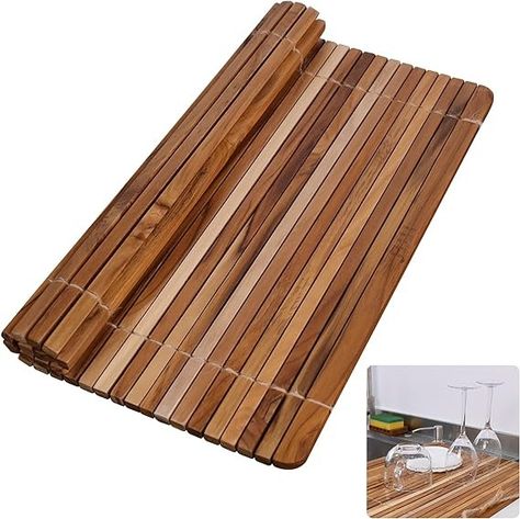 Amazon.com - HTB Over Sink Dish Drying Rack 17.8'' x 16.1, Kitchen Teak Wood Roll Up for Dishes,Plates, Bowls, Wooden Cover Counter Space Over Sink Dish Drying Rack, Sink Dish Drying Rack, Sink Drying Rack, Bamboo Dishes, Drying Rack Kitchen, Sink Cover, Sink Dish Rack, Dishes Plates, Wooden Dishes