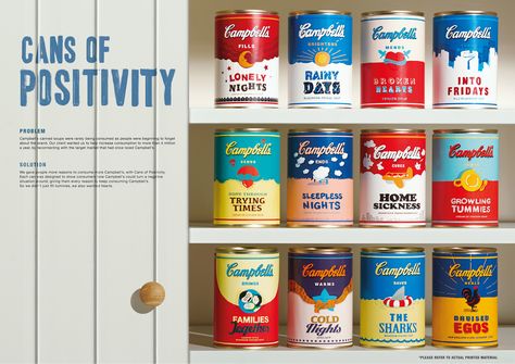 Campbell's Cans Of Positivity on Behance Organ Donation Poster, Campbell Soup Company, Advertising Awards, Campbell Soup, Vintage Packaging, Creative Package, Concept Board, Message Of Hope, Creative Packaging Design