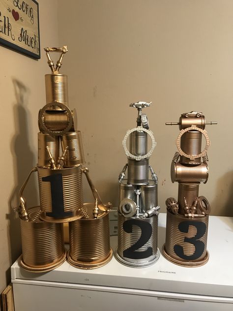 Pinewood Derby trophy Homemade Trophy Ideas, Costume Trophy Ideas, Trophy Diy, Trophy Recycle Ideas, Diy Funny Trophy Ideas, Recycled Trophy Ideas, Fantasy Football Trophy Diy, Homemade Trophies, Fa Cup Trophy