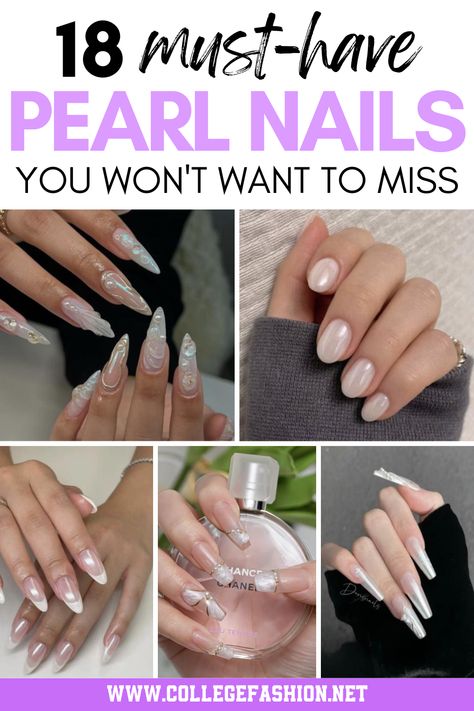 pearl nail ideas for the perfect shimmery manicure Opal White French Tip Nails, French Manicure With Pearl Chrome, Nail Designs Pearl White, Pearl Nails With Rhinestones, Pearlized White Nails, French Manicure Chrome Tips, Pearl White Gel Nails, Pearl Tip Nails Acrylic French, Pearl Manicure Ideas