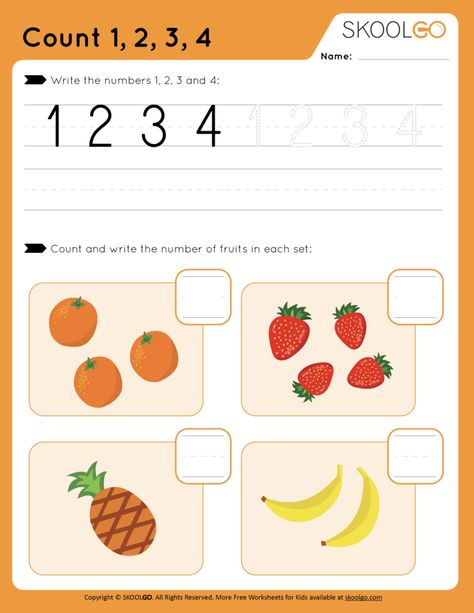 Learn to count from 1 to 4. Two (2) exercises. Write the numbers 1, 2, 3, and 4. Count and write the number of fruits displayed. Math Counting Worksheets, Number Writing Worksheets, Graphing Quadratics, Free Worksheets For Kids, Special Education Math, Activity Worksheet, Preschool Math Worksheets, Counting Worksheets, Counting Numbers