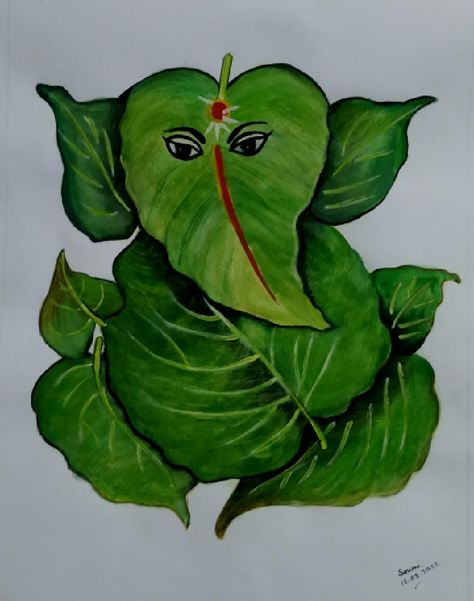 Painting a Ganesh made with leaf Leaf Ganpati Rangoli, Pipal Leaf Art Ganpati, Leaf Ganesha Leaves, Leaf Ganesha Paintings, Leaf Ganesha Drawing, Ganpati Fabric Painting, Leaf Ganesha, Ganesh Drawing, Ganpati Drawing