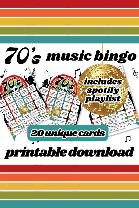 70s Music Bingo | 20 Bingo Cards | 1970s Music | Party Games | Printable Games Groovy Party Games, Music Party Games, Camping Bingo, Bingo Books, Road Trip Bingo, Music Bingo, Free Printable Bingo Cards, Party Games Printable, Bingo Games For Kids