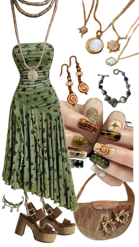 Earthy elegant look green dress gold earthy jewelry tan purse nature lover inspired green brown heels earrings necklaces bracelets anklet Cutesy Outfit, Fairycore Fashion, Tan Purse, Earthy Jewelry, Earthy Outfits, Casual Outfit Inspiration, Hippie Style Clothing, Elegant Look, Dress Gold